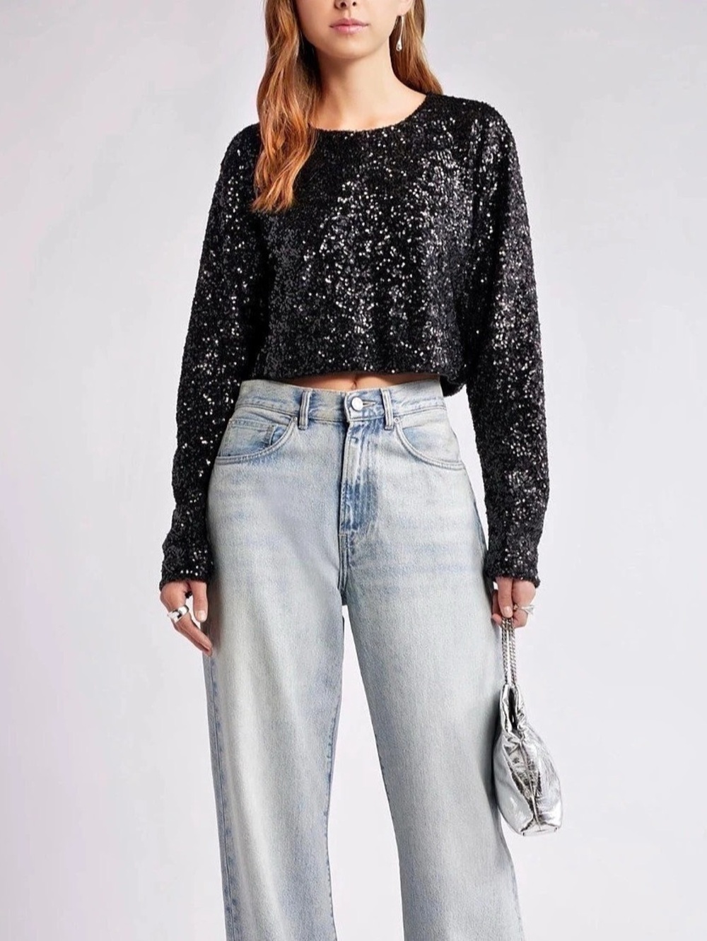 Open Edit Black Sequin Long Sleeve Crop Top Like New